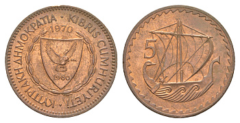 Кипр 5 милей 1970 KM 39 бронза UNC 4652-335