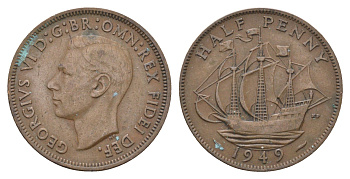 Великобритания 1/2 пенни 1949 Георг VI (1936-1952) KM 868, Spink 4118 бронза 4662-1122