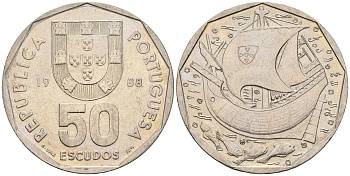 Португалия 50 эскудо 1988 парусник KM 636 медно-никель 221-442