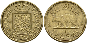 Гренландия 50 эре 1926 NCN; CJ, медведь, датская колония, Кристиан X (1912-1947) KM 7 алюминиевая бронза 3711-2124
