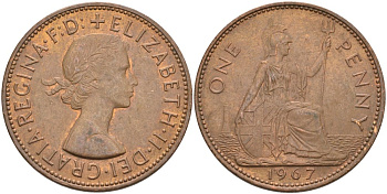 Великобритания 1 пенни 1967 Елизавета II (1952-2022) KM 897, Spink 4157 бронза 4574-332