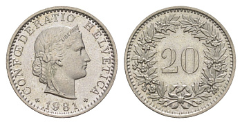 Швейцария 20 раппенов 1981 KM 29a медно-никель UNC 4630-1024
