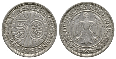 Германия 50 рейхспфеннигов 1928 A KM 49, J. 324 никель 4380-351