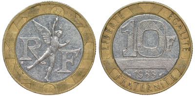 Франция 10 франков 1988 тип Гений Бастилии KM 964.1, Le Frank 375.2 биметалл 45-515