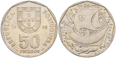 Португалия 50 эскудо 1988 парусник KM 636 медно-никель 221-442