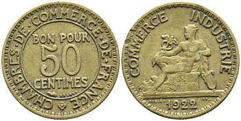 Франция 50 сантимов 1922 тип Chambre de Commerce KM 884, Le Franc 191.5 алюминиевая бронза 4110-1756