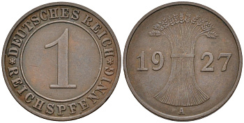 Германия 1 рейхспфенниг 1927 A KM 37, J.313, Weege 2 медь 4585-559