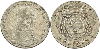 Австрия, Зальцбург 20 крейцеров 1778 М, Иеронимус фон Коллоредо (1772-1812) KM 431, Zottl 3273 серебро 413-1134