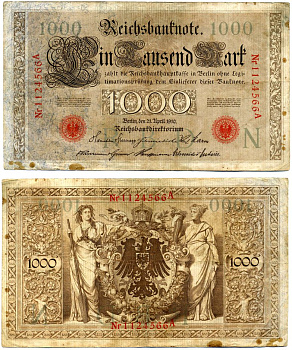 Германия 1000 марок 1910 21 апреля 1910, буква N, номер семизначный, серия A, выпуск (04.1922) Pick 44b, Розенберг 45с бумага 8618-10-1-1