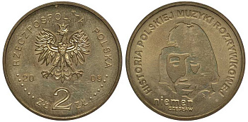 Польша 2 злотых 2009 MW, серия история польской музыки, Чеслав Немен KM 684 латунь 111-344