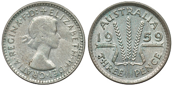 Австралия 3 пенса 1959 m, Елизавета II (1952-2022) KM 57 серебро 71-562