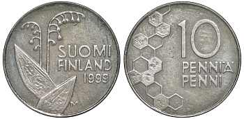 ФИНЛЯНДИЯ 10 ПЕННИ 1999 M, ЛАНДЫШ KM 65 медно-никель 3334-1157