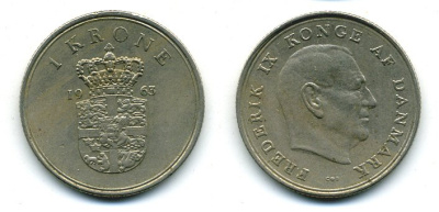 ДАНИЯ 1 КРОНА 1963 C; S, ФРЕДЕРИК IX (1947-1972) KM 851.1 медно-никель 46-1322