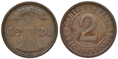 Германия 2 рейхспфеннига 1924 J KM 38, J. 314, Weege 4 бронза 4121-556