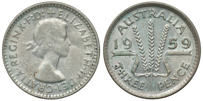 Австралия 3 пенса 1959 m, Елизавета II (1952-2022) KM 57 серебро 71-562