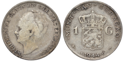 Нидерландское Кюрасао 1 гульден 1944 D, Вильгельмина (1890-1948) KM 45 серебро 36-421