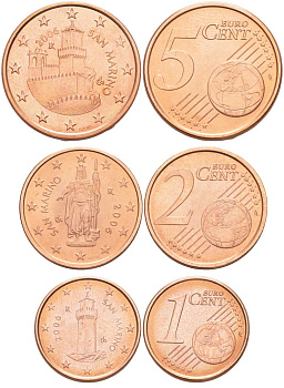 САН-МАРИНО ЛОТ ИЗ 3 МОНЕТ 2006 (1, 2, 5 ЕВРОЦЕНТОВ) KM 440, 441, 442 сталь плакированная медью UNC N4-63