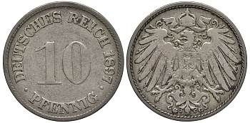 Германия 10 пфеннигов 1897 G, редкая KM 12, Jager 13, Weege 8 медно-никель 219-311