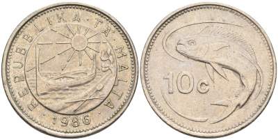 Мальта 10 центов 1986 золотая макрель KM 76 медно-никель 4588-154