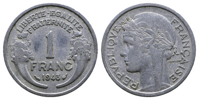 ФРАНЦИЯ 1 ФРАНК 1948 ТИП MORLON, LEGERE KM 885a.1, LE FRANC 221.13 алюминий 261-434