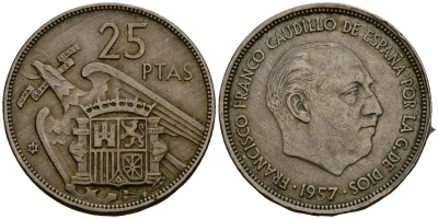 Испания 25 песет 1957 Франсиско Франко (1939 - 1975) KM 787 медно-никель 4168-1021