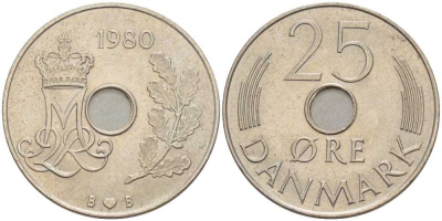 ДАНИЯ 25 ЭРЕ 1980 B; B, МАРГРЕТЕ II (1972-) KM 861.2 медно-никель 94-815
