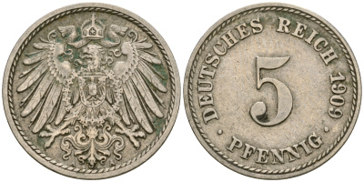 Германия 5 пфеннигов 1909 A, KM 11, J. 12 медно-никель 4608-854