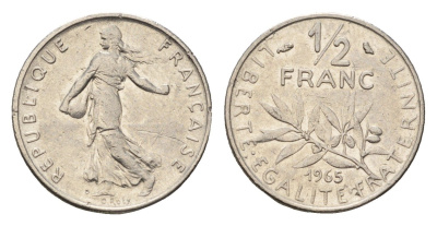 Франция 1/2 франка 1965 KM 931.1 никель 4685-324