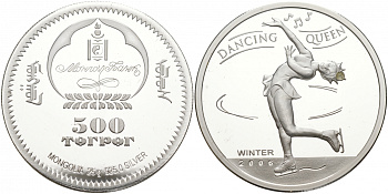 Монголия 500 тугриков 2006 танцующая королева, фигурное катание, алмаз серебро PROOF 11-073-45