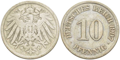 Германия 10 пфеннигов 1907 A KM 12, J. 13, Weege 8 медно-никель 259-922