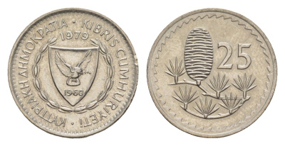 Кипр 25 милей 1979 KM 40 медно-никель UNC 4649-1211