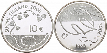 Финляндия 10 евро 2005 60 лет мира в Европе, голубь мира KM 120 серебро PROOF 11-091-14