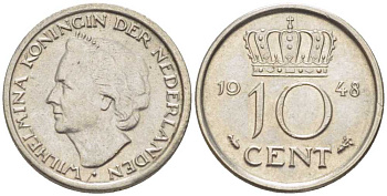 Нидерланды 10 центов 1948 Вильгельмина (1895-1948) KM 177 никель 214-1134