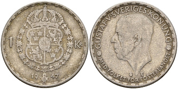 Швеция 1 крона 1947 TS, Густав V (1907-1950) KM 814 серебро 4148-1042