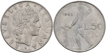 Италия 50 лир 1963 R, бог Вулкан у наковальни KM 95.1 нержавеющая сталь 4156-725