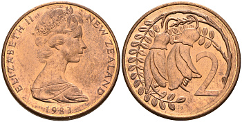 Новая Зеландия 2 цента 1983 Елизавета II (1952-2022), два цветка кохаи KM 32.1 бронза  UNC  4602-648