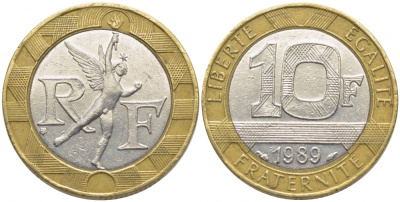 Франция 10 франков 1989 тип гений Бастилии KM 964.1, Le Franc 375.3 биметалл 110-1036