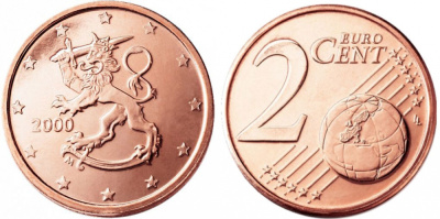 ФИНЛЯНДИЯ 2 ЕВРОЦЕНТА 2000 KM 99 сталь плакированная медью UNC 650-1715