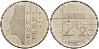 НИДЕРЛАНДЫ 2 1/2 ГУЛЬДЕНА 1982 БЕАТРИКС KM 206 никель 1524-813