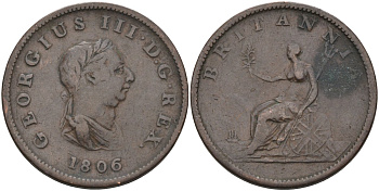 Великобритания 1/2 пенни 1806 Георг III (1760-1820) KM 662, Spink 3781 медь 81-1111