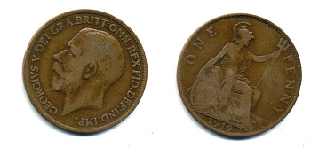 Великобритания 1 пенни 1919 Георг V (1910-1936) КМ 810, Spink 4051 бронза 47-236