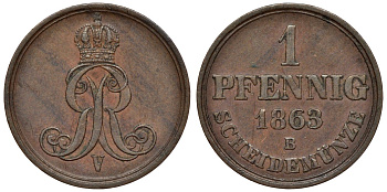 Ганновер 1 пфенниг 1863 B, Георг V KM 233, AKS 156, J. 90 медь 4594-527