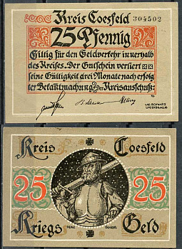 Германия, Косфельд 25 пфеннигов 1918 нотгельд, 6 цифр в номере Tieste 1185.05.01 бумага UNC (пресс) 444-77-1-2