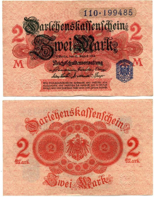 ГЕРМАНИЯ 2 МАРКИ 1914 РОЗОВАЯ БУМАГА, СИНЯЯ ПЕЧАТЬ, СЕРИЯ 110 Pick 55, Rosenberg 52d бумага 7551-21-3-1