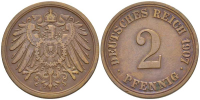 ГЕРМАНИЯ 2 ПФЕННИГА 1907 A KM 16, J. 11, Weege 4 медь 206-539
