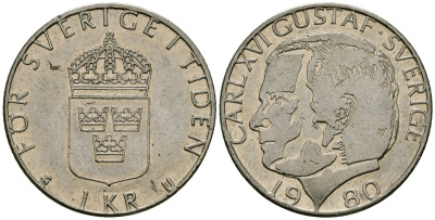 Швеция 1 крона 1980 Карл XVI Густав (1973- ) KM 852 медь плакированная медно-никелем 4176-556