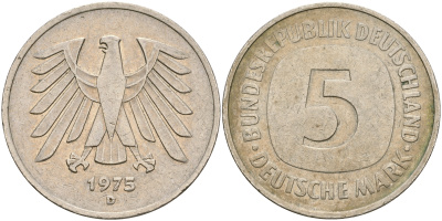 ФРГ 5 марок 1975 D, монетный двор Мюнхен КМ 140.1, J. 415 медно-никель плакированный никелем4607-241