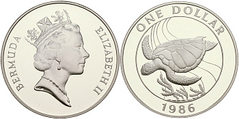 Бермудские острова 1 доллар 1986 серия 25 лет защиты окружающей среды, морская черепаха КМ 49 a серебро PROOF 1066-8-44