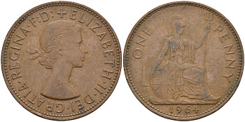 Великобритания 1 пенни 1964 Елизавета II (1952-2022) KM 897, Spink 4157 бронза 4117-911