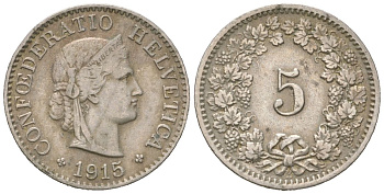 Швейцария 5 раппенов 1915 B KM 26 медно-никель 4160-548